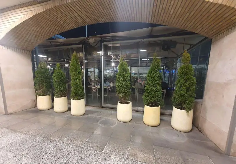 فضای بیرونی جذاب کافه رستوران لایم در شب، با طاق آجری، گلدان‌های مدرن، درختچه‌های همیشه سبز و نمای دلنشین داخل.