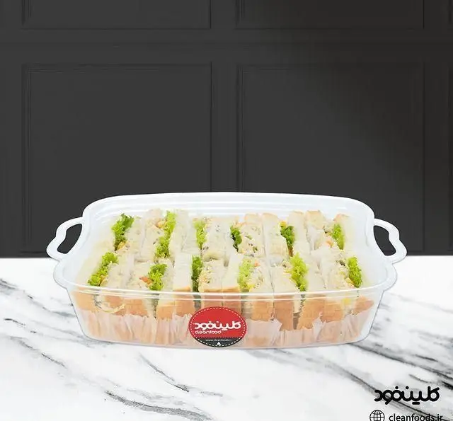 ساندویچ‌های فینگرفود کلین فود برای پذیرایی مهمانی در یک ظرف شفاف، آماده سفارش از فست فود کلین فود مترو شهر ری.