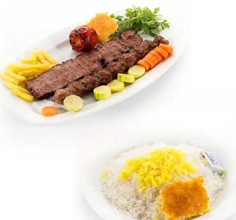 چلوکباب برگ و کوبیده رستوران نایب ابان با ته دیگ زعفرانی و سیب زمینی سرخ کرده، یک غذای اصیل و لذیذ ایرانی.