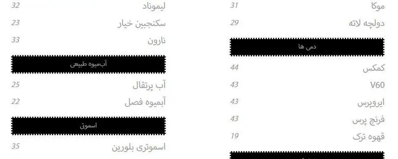 منوی کافه شمرون شامل انواع نوشیدنی: قهوه‌های دمی (V60، کمکس)، موکا، لاته، قهوه ترک، آبمیوه‌های طبیعی، لیموناد و اسموتی.