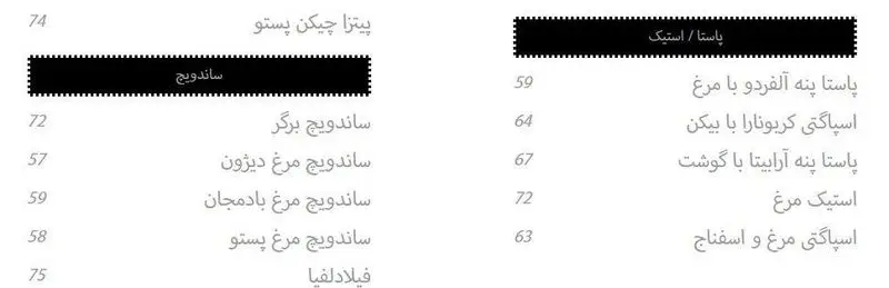 منو کافه شمرون: لیست قیمت غذاها از جمله پیتزا چیکن پستو، ساندویچ‌های برگر و مرغ، پاستا با سس‌های مختلف و استیک مرغ.
