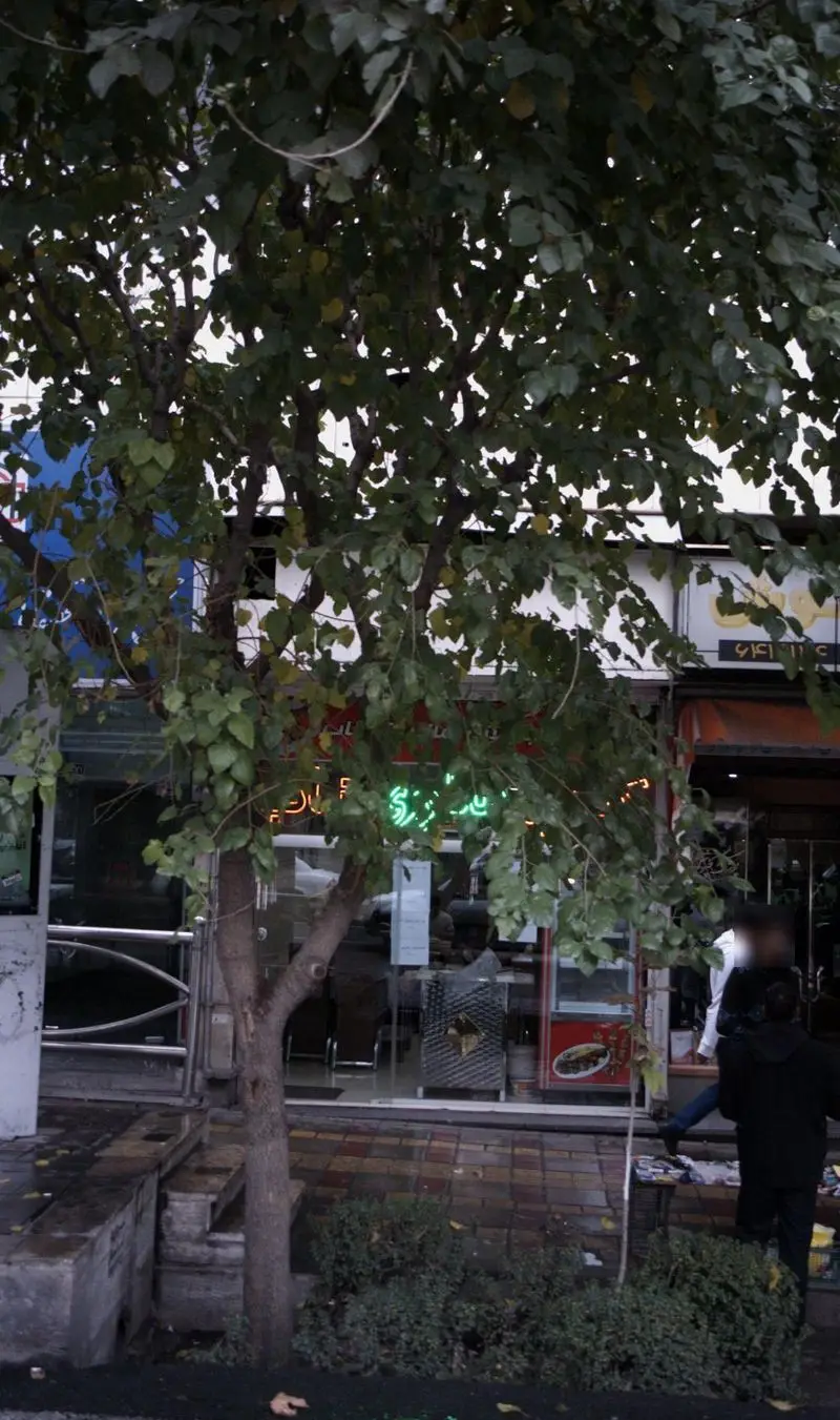 نمای بیرونی چلوکبابی نصرت با درخت و فضای سبز، یک رستوران ایرانی محبوب در محیط شهری با تابلوی نئونی سبز.