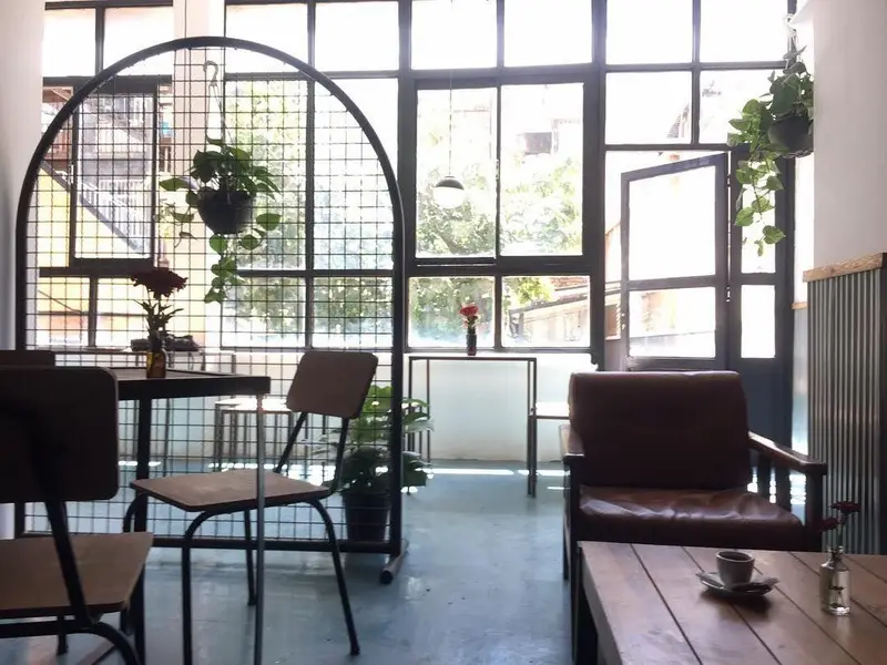 دکوراسیون داخلی شیک و مدرن کافه ث، فضایی دنج با میز و صندلی های چوبی، گیاهان سبز و نور طبیعی فراوان مناسب کافه گردی.