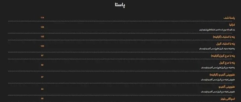 منوی پاستا فست فود پیتزا میخوش: انواع پنه با استیک و مرغ گریل (گراتینه)، لازانیا، فتوچینی آلفردو و اسپاگتی بلونز با قیمت.