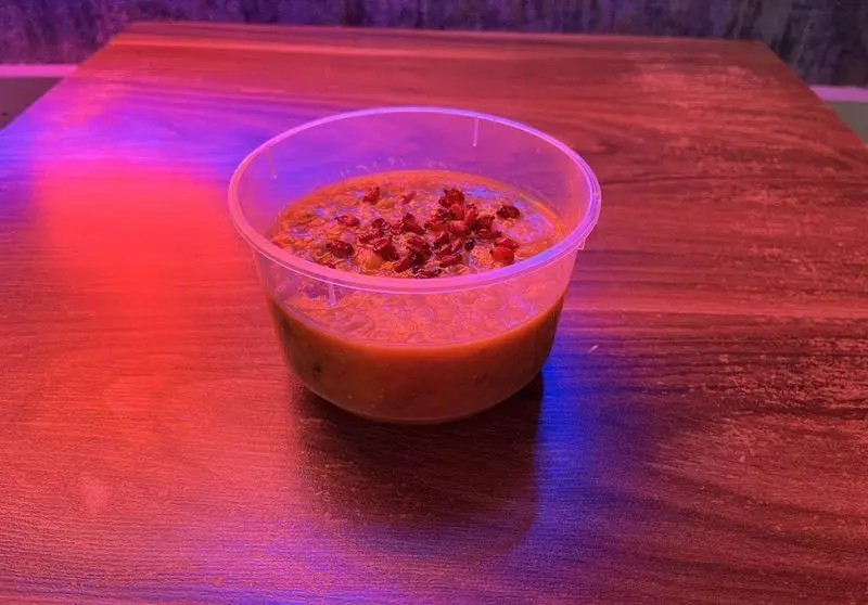 غذای خوش‌رنگ و گرم در ظرف یکبار مصرف شفاف با تزیین زرشک، مناسب دلیوری. تجربه طعم‌های اصیل در کافه رستوران آرشیو.