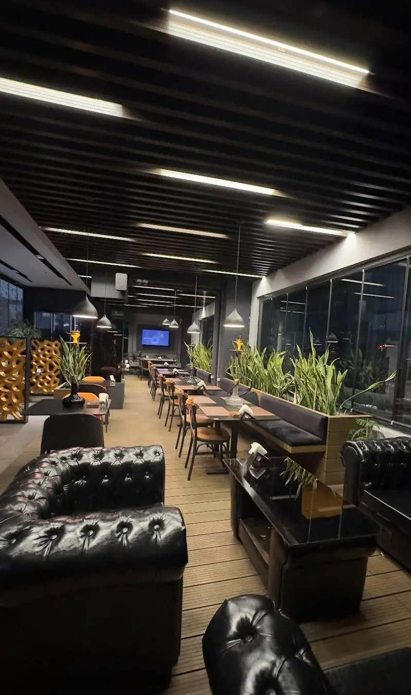 فضای داخلی فودهال نارسیس، رستوران-کافه‌ای با دکوراسیون مدرن، صندلی‌های چرمی لوکس، نورپردازی خاص و گیاهان طبیعی در کنار پنجره.