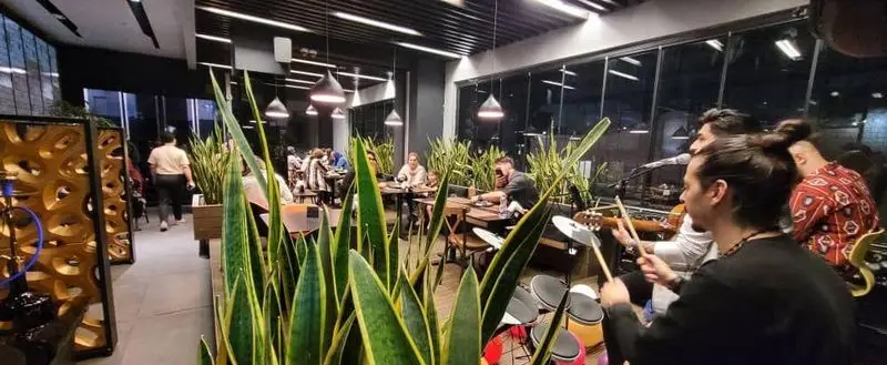 محیط دلنشین فودهال نارسیس: فضای داخلی رستوران در شب با نورپردازی گرم، مشتریان در حال غذا خوردن، دکوراسیون گیاهی و موسیقی زنده.