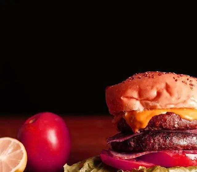 چیزبرگر دوبل خوشمزه کافی شاپ آبشار با نان کنجدی، دو پتی گوشت، پنیر آب شده، کاهو، گوجه و پیاز قرمز، کنار سیب و لیمو.