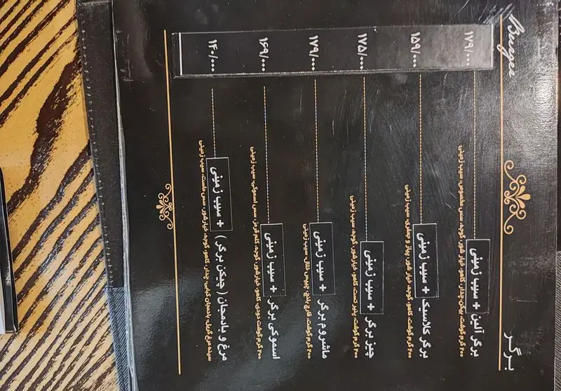 فهرست کامل انواع برگرهای خوشمزه رستوران ایتالیایی آلین به همراه سیب زمینی و قیمت‌ها شامل چیکن، اسموکی، ماشروم و چیزبرگر.