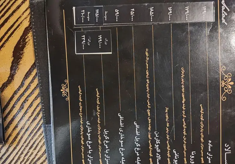 منوی سالاد رستوران ایتالیایی آلین با انواع سالادهای سزار، یونانی، ورونا و آووکاردن، شامل مرغ گریل و سوخاری به همراه قیمت.