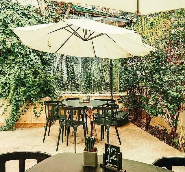فضای باز و دلنشین کافه هاگ در حیاطی سرسبز با گیاهان پیچکی و درختچه‌ها، میز و صندلی‌های شیک زیر سایبان بزرگ.