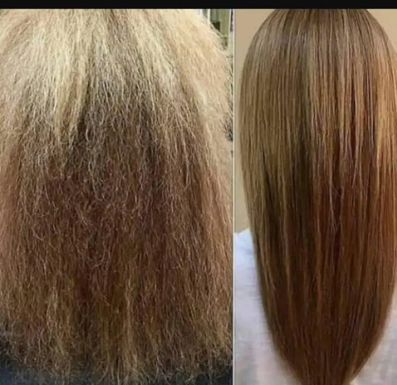 تصویر قبل و بعد از کراتینه و احیای موهای آسیب دیده و وز، نشاندهنده صافی، درخشندگی و شادابی موها پس از درمان تخصصی