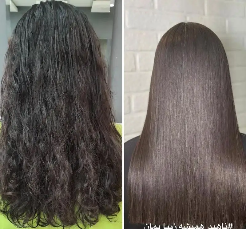 صافی و احیای موی فر در سالن زیبایی بهاره بمان: مشاهده تغییر شگفتانگیز موی وز به لخت و ابریشمی قبل و بعد از کراتین در آرایشگاه زنانه.