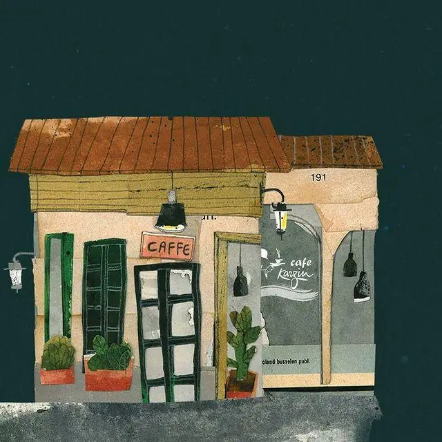 تصویرسازی جذاب و هنری از نمای بیرونی کافه کارزین، یک کافی شاپ دنج با تابلوی "کافه" و "cafe Karzin".