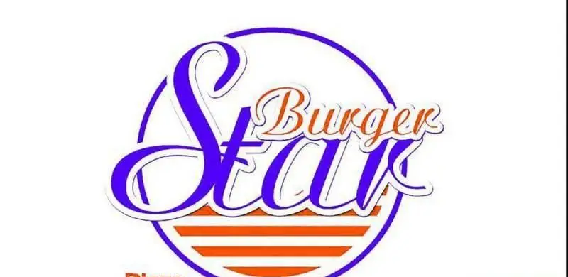 لوگوی فست فود برگر استار، با کلمه "Burger" نارنجی و "Star" بنفش در دایره‌ای با خطوط افقی نارنجی. نماد برند غذایی.