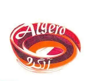 لوگوی رنگارنگ و پویای فست فود برگر استار، با طراحی گرداب و نوشته "Algero" و "آلگرو"، نمادی از هویت بصری جذاب و کیفیت بالای محصولات برگر استار.