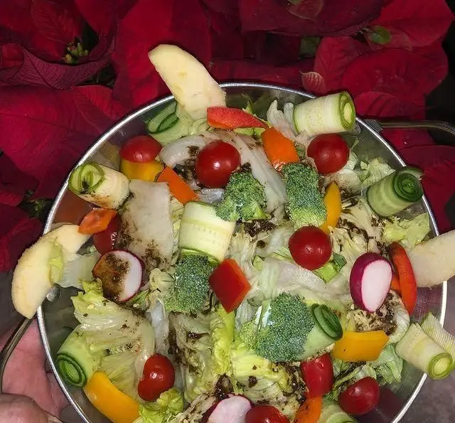 سالاد تازه و پرملات کافه رستوران مستان، شامل کاهو، بروکلی، گوجه گیلاسی، خیار، فلفل دلمه‌ای، تربچه و سیب. غذایی سالم و لذیذ.