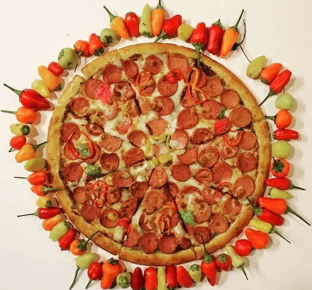 پیتزا پپرونی فست فود گاتا، خوشمزه و داغ با تزئین فلفل‌های رنگی. بهترین انتخاب برای دوستداران غذای تند و لذیذ از گاتا.