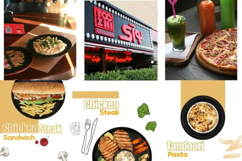 منوی کامل کافه رستوران توژی: پیتزا، پاستا، ساندویچ، استیک مرغ و نوشیدنی‌های متنوع. شامل فضای داخلی و نمای بیرونی.