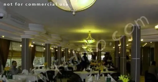 تصویری از فضای داخلی دلباز و مجلل رستوران البرز، با میزهای چیدمان شده، لوسترهای کلاسیک و دکوراسیون شیک برای یک تجربه غذاخوری به‌یادماندنی.