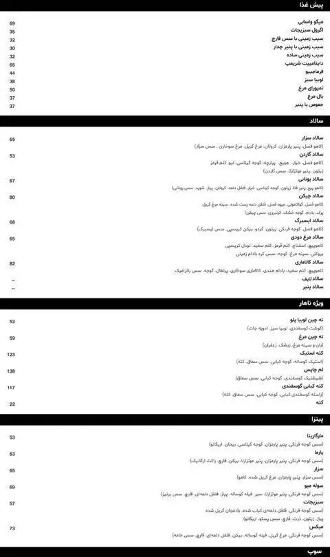 منوی کامل رستوران و کافه لایف شامل انواع پیش غذا (میگو، بال مرغ)، سالاد (سزار، یونانی)، پیتزا و غذاهای اصلی و سوپ.