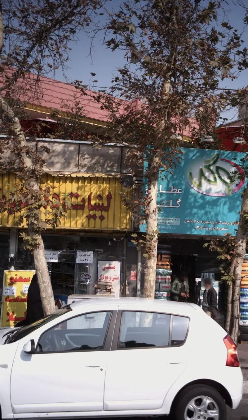 نمای بیرونی فروشگاه لبنیات دوستان در یک خیابان شلوغ با درختان، تابلوی زرد رنگ "لبنیات دوستان" و تابلوی "عطر گل" در کنار آن، همراه با یک ماشین سفید.