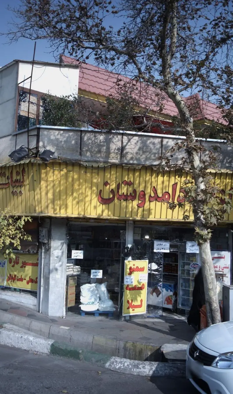 عکس از نمای بیرونی فروشگاه لبنیات دوستان در شهر، با تابلو زرد رنگ، عرضه محصولات لبنی و منظره خیابان با درخت.