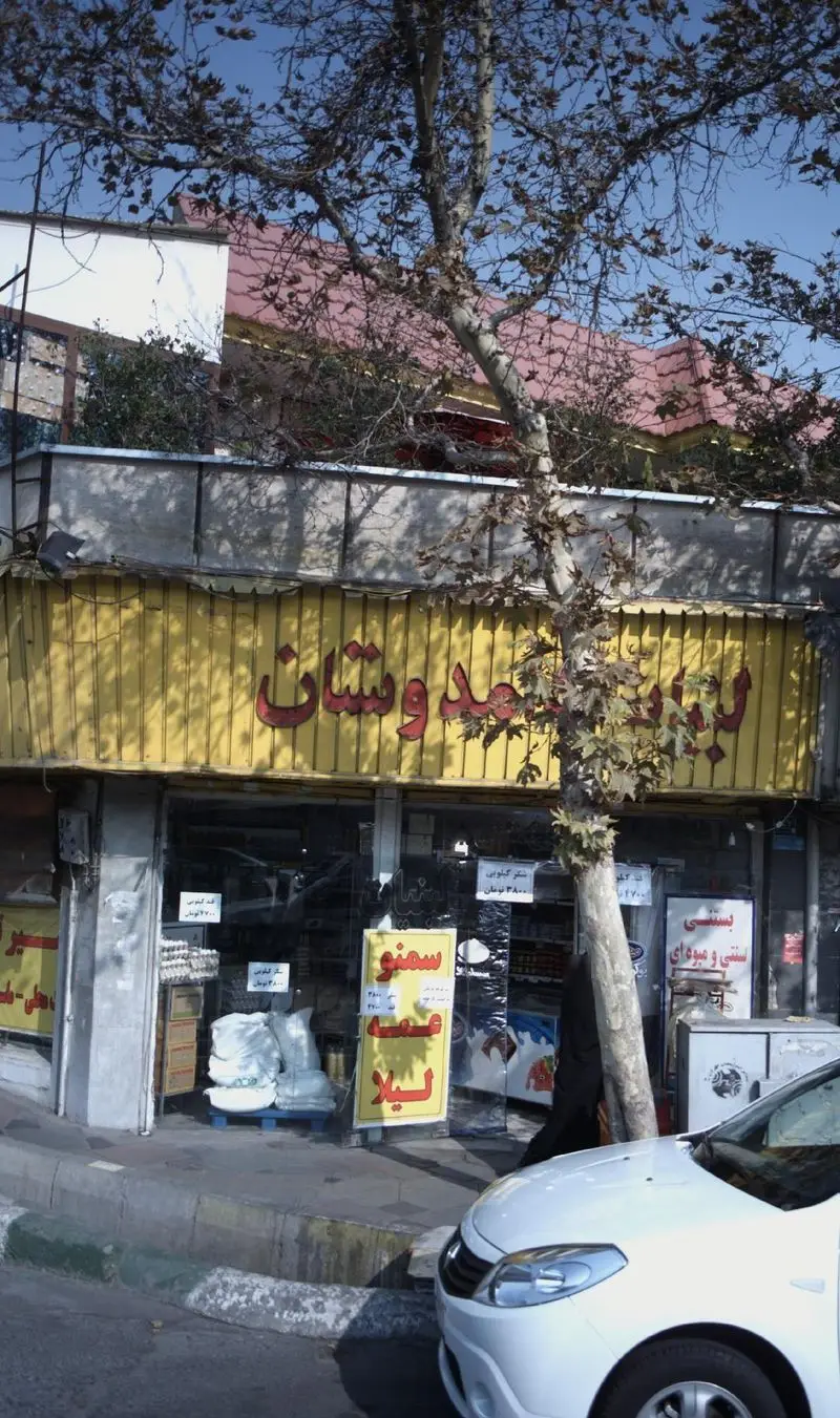 نمای بیرونی فروشگاه لبنیات دوستان با تابلوی زرد رنگ، درخت جلویی و یک خودروی سفید پارک شده. سمنو نیز در این مغازه به فروش می‌رسد.