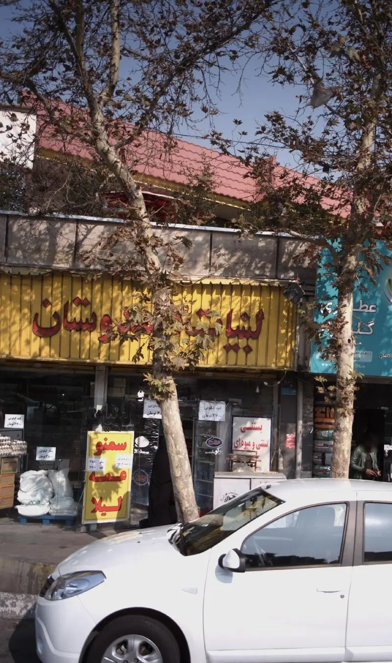 نمای کسب و کار لبنیات دوستان در یک روز آفتابی، شامل تابلوی بزرگ زرد رنگ، محصولات متنوع لبنی، بستنی و سمنو در کنار خیابان.