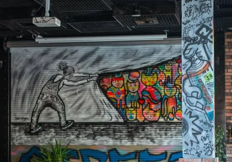 نقاشی دیواری گرافیتی و رنگارنگ کافه خیابون: هنرمندی پرده را کنار زده تا گربه‌های شاد و رنگی پدیدار شوند. فضای خلاقانه و هنری کافه.