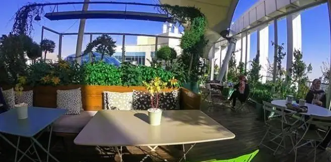 کافه فلورین: روف گاردنی دلنشین با فضای سبز، میز و صندلی‌های مدرن، چشم‌اندازی زیبا و محیطی آرام برای استراحت و گفتگو.