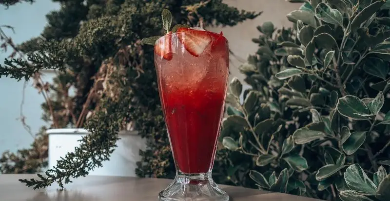 نوشیدنی تابستانی توت فرنگی تازه و دلچسب کافه فلورین با نعنا و یخ، ایده‌آل برای گذراندن اوقاتی خوش در فضای سبز کافه.