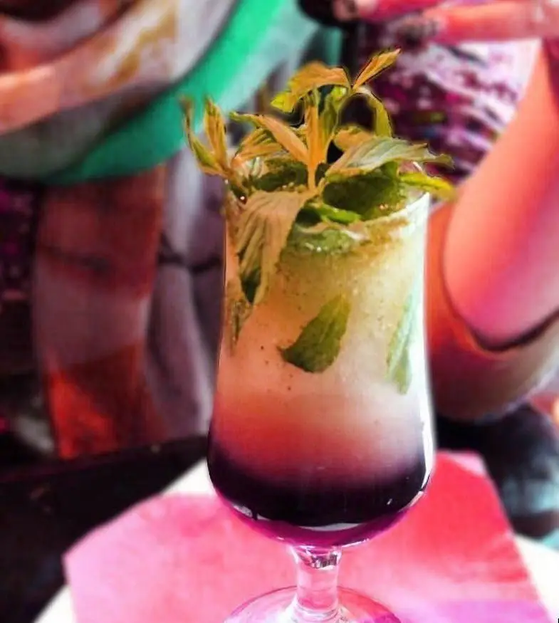 کوکتل یا موهیتو نعناعی خوشرنگ در لیوان پایه بلند با گرادیان بنفش و سبز، یک نوشیدنی عالی و خنک در فضای دلنشین رستوران ایتالیایی رومانا.