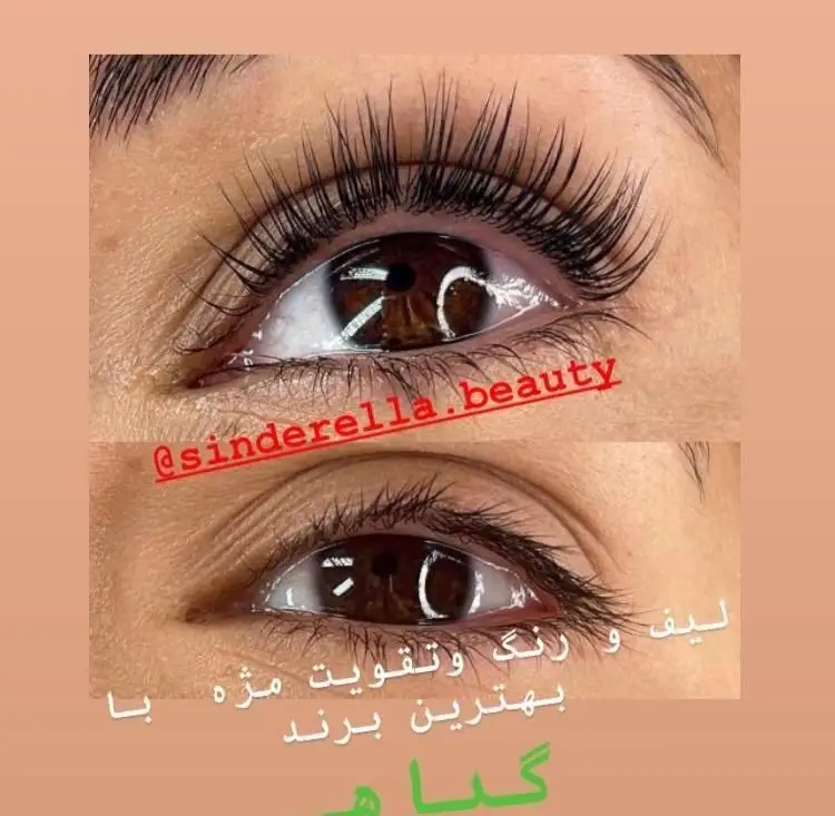 تصویر نمایی نزدیک از لیفت و لمینت مژه‌های چشم با مواد گیاهی در سالن زیبایی سیندرلا که باعث فر شدن و مشکی‌تر شدن مژه‌ها شده است.