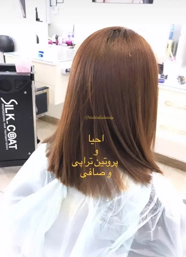 تصویر نمای پشت سر زن با موهای قهوه‌ای روشن صاف شده پس از احیا و پروتئین تراپی تخصصی مو در سالن آرایش و زیبایی سیندرلا.