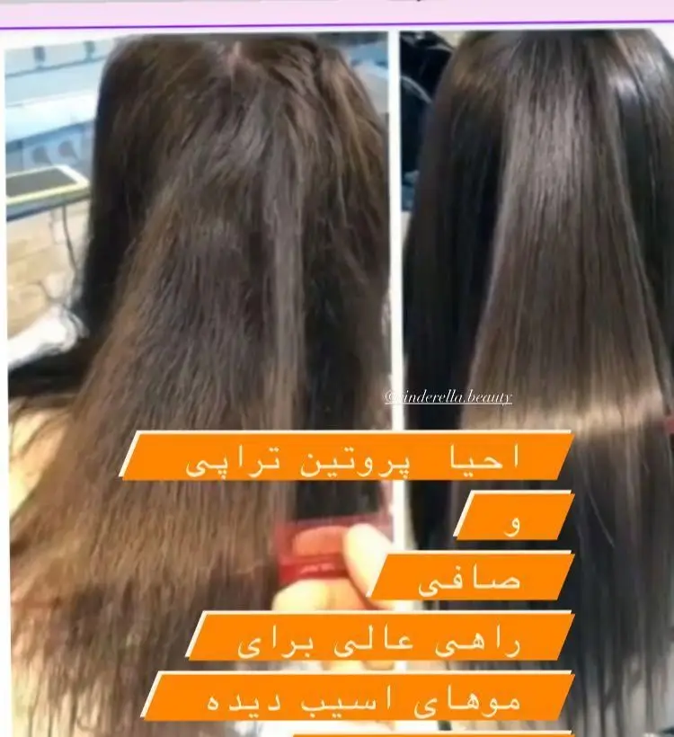 مقایسه قبل و بعد احیا و پروتئین تراپی موهای آسیب دیده و تبدیل آن به موهای صاف و شاین دار در سالن زیبایی سیندرلا