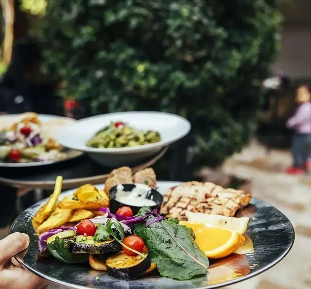 غذای دلپذیر کافه رستوران دایموند: مرغ گریل با سبزیجات تازه، سیب زمینی و سالاد در فضای سبز و زیبای رستوران.