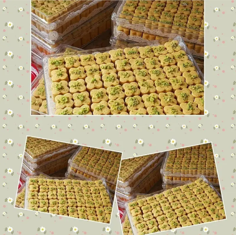 شیرینی های گل پسته ای هنرکده کارامل، تهیه شده با بهترین مواد اولیه، آماده پذیرایی و ارسال به سراسر کشور در بسته بندی های شیک