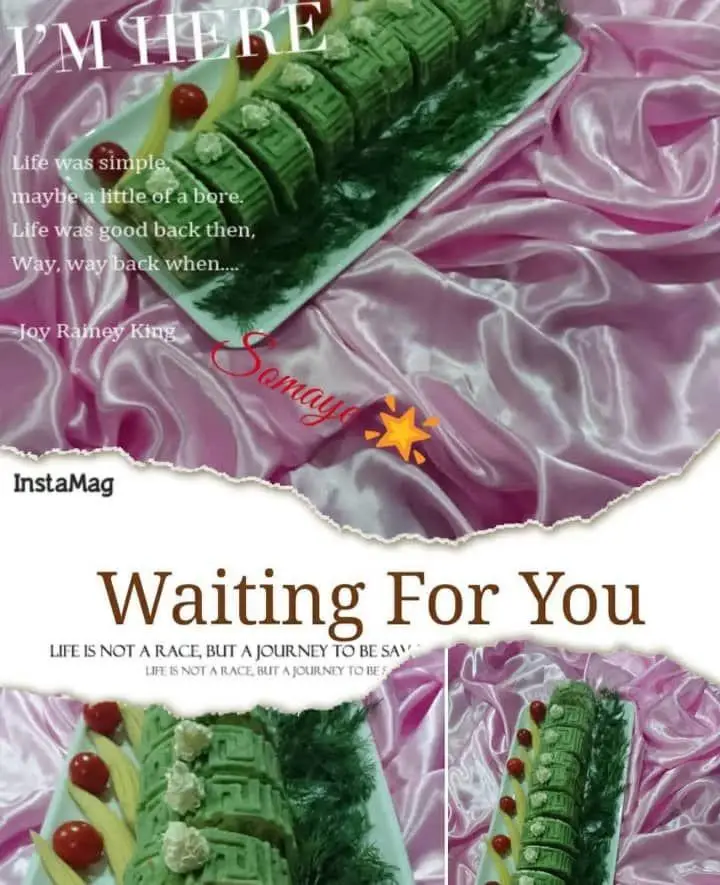 هنرکده کارامل: غذای مجلسی سبز رنگ زیبا و خلاقانه، تزیین شده با گوجه گیلاسی و شوید روی سینی، مناسب مهمانی و پذیرایی شیک.