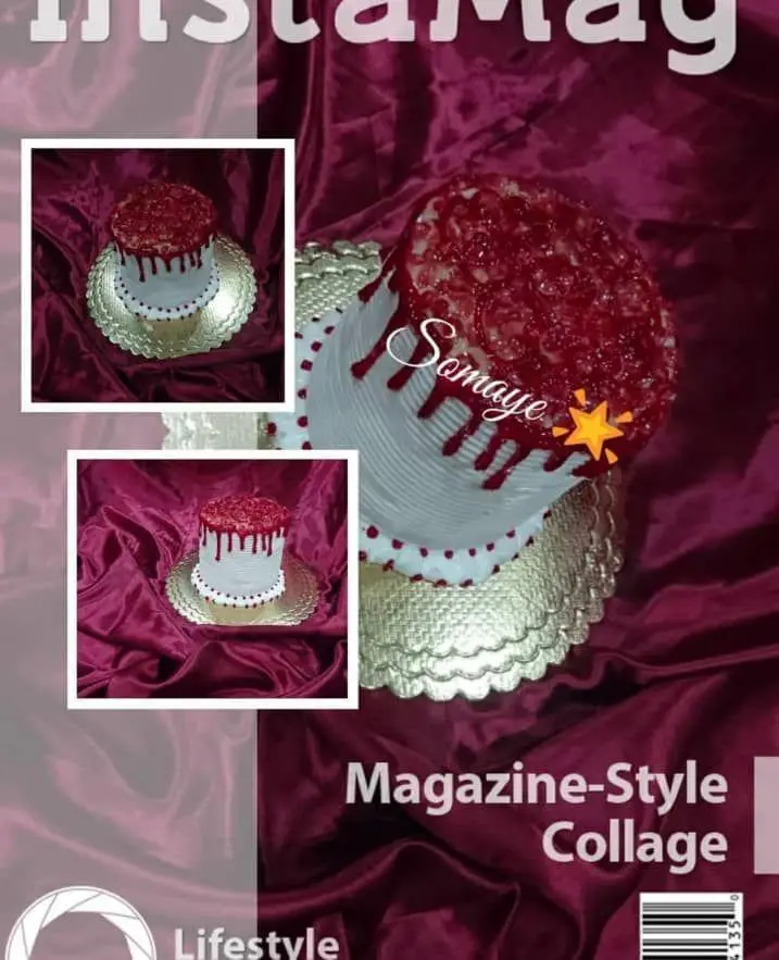 کیک سفید تزئین شده با سس قرمز و دانه‌های انار، اثری هنری از هنرکده کارامل، به نمایش در کلاژ مجله‌ای شیک و منحصر به فرد.