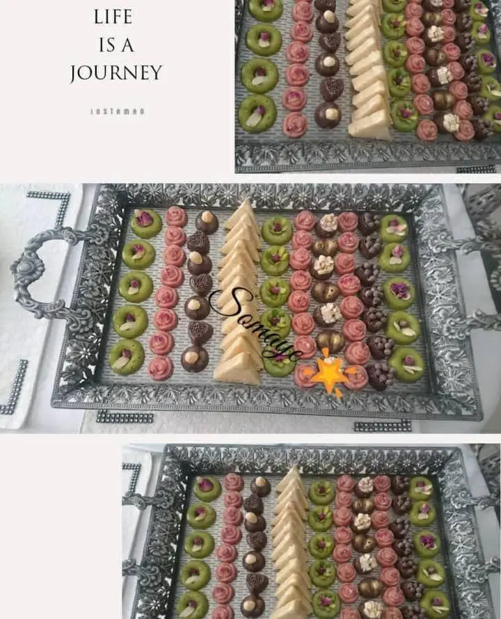 سینی پذیرایی زیبا از هنرکده کارامل، شامل شیرینی‌های خانگی متنوع، دسر و شیرینی عید با تزئینات مجلسی و خوشمزه، مناسب مهمانی‌ها.