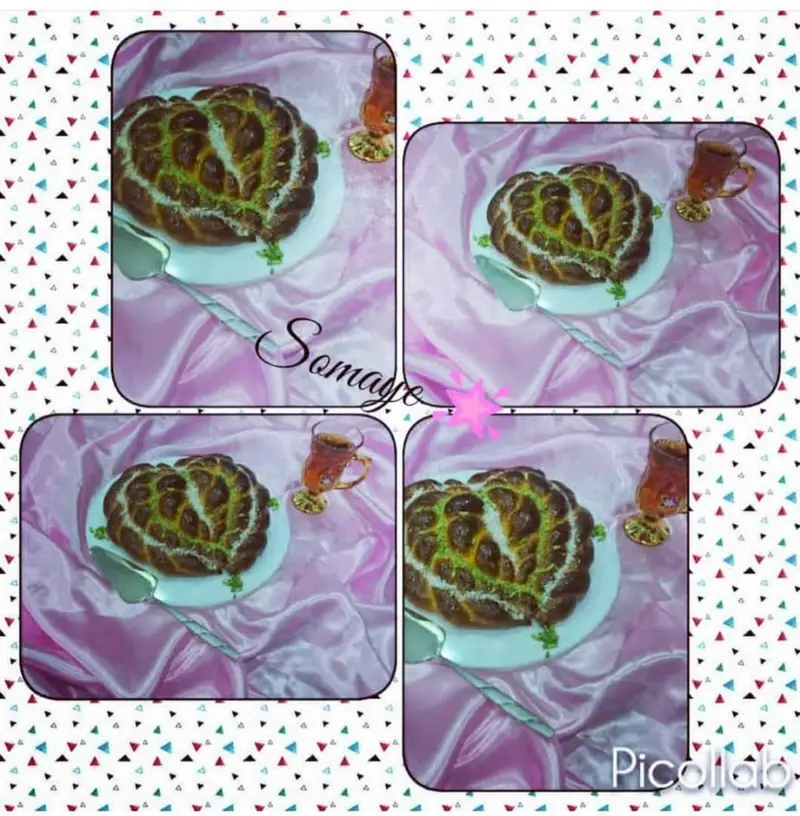 نان بافته شیرینی‌شکل قلب مغزدار، دسر خانگی هنرکده کارامل، با تزئین زیبا مناسب سرو با چای، نمایی دلپذیر از دستپخت.