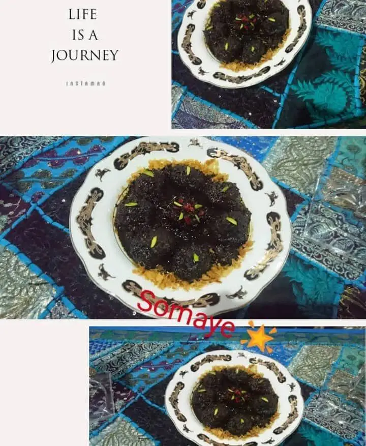 تصویری از حلوای مجلسی تیره رنگ هنرکده کارامل، دسری سنتی و خانگی که سمیه با عشق برای مناسبت‌های شما آماده کرده است.