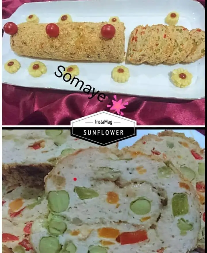 سفارش رولت مرغ و سبزیجات رنگارنگ و خوشمزه از هنرکده کارامل، غذایی سالم و شیک برای پذیرایی مجالس و مهمانی‌ها.