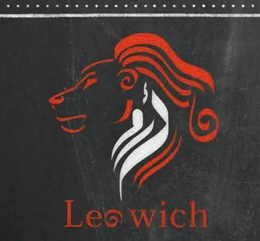 لوگوی کسب و کار Leowich: نماد قدرتمند سر شیر با یال‌های قرمز و بدن سفید، با طراحی مدرن روی پس‌زمینه تیره، مناسب برندینگ خلاقانه.