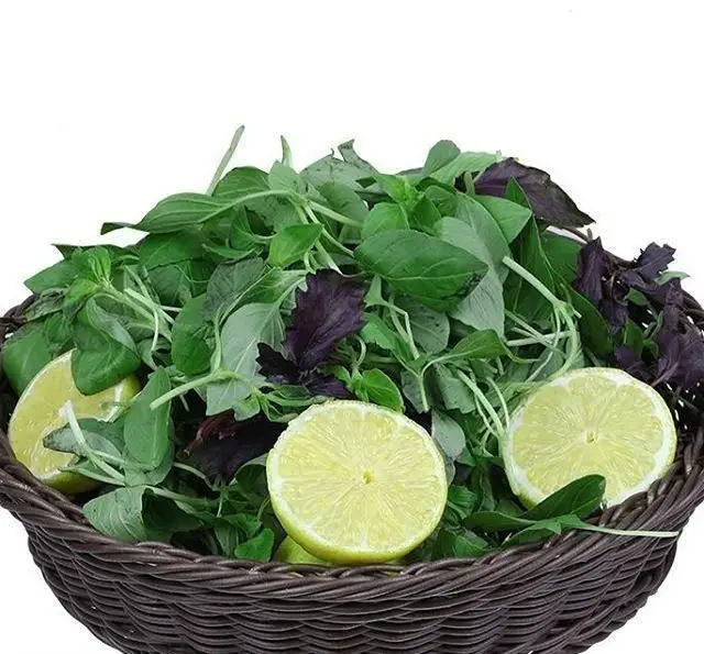 سبد پر از ریحان تازه سبز و بنفش با لیموهای برش‌خورده، مخلفات سالم و خوش‌عطر برای کباب‌های رستوران توچال.