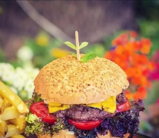 همبرگر لذیذ و تازه رستوران ایتالیایی پی نو با نان کنجدی، پنیر، گوشت، گوجه، کاهو و سیب‌زمینی سرخ‌کرده در فضایی دنج و سرسبز.