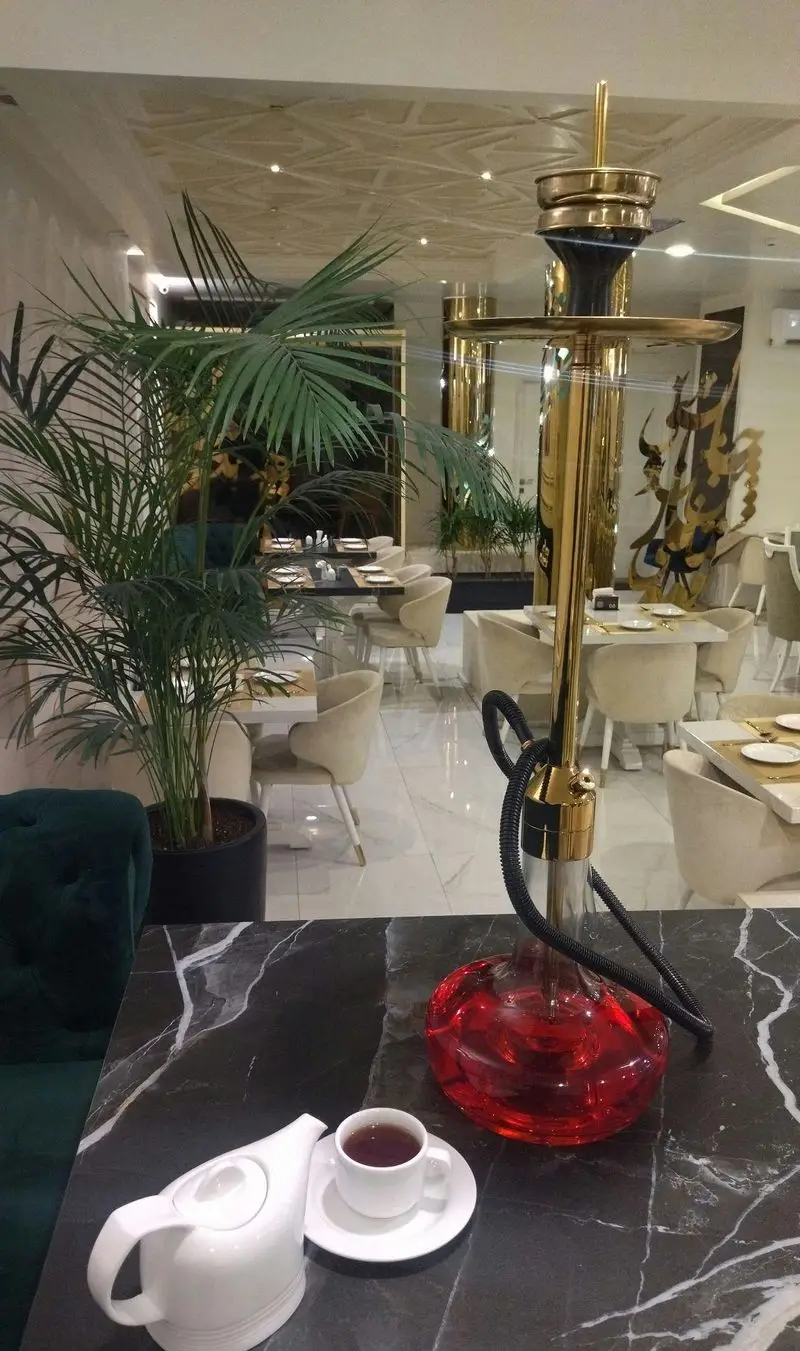 شاندیز روما: کافه رستورانی شیک با قلیان، چای، دکوراسیون مدرن، مبلمان راحت و گیاهان سبز، فضایی دلنشین برای پذیرایی.