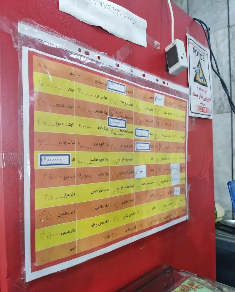 منوی کامل فست فود چلچله با انواع پیتزا، ساندویچ، سالاد و غذاهای آماده، به همراه لیست قیمت جدید روی دیوار قرمز.