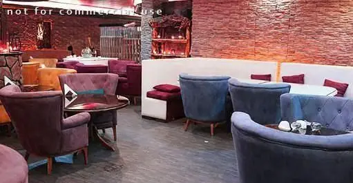 نمایی از فضای داخلی کافه رستوران دل فارو با چیدمان مبلمان متنوع و راحت (بنفش، آبی، زرد)، دکوراسیون مدرن و محیطی دلنشین برای مشتریان.